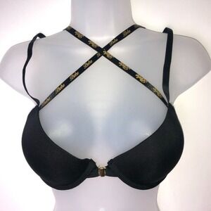 Bebe‎ Black Pushup Bra w/Gold Accents Front Clasp 34C Strappy Mob Wife